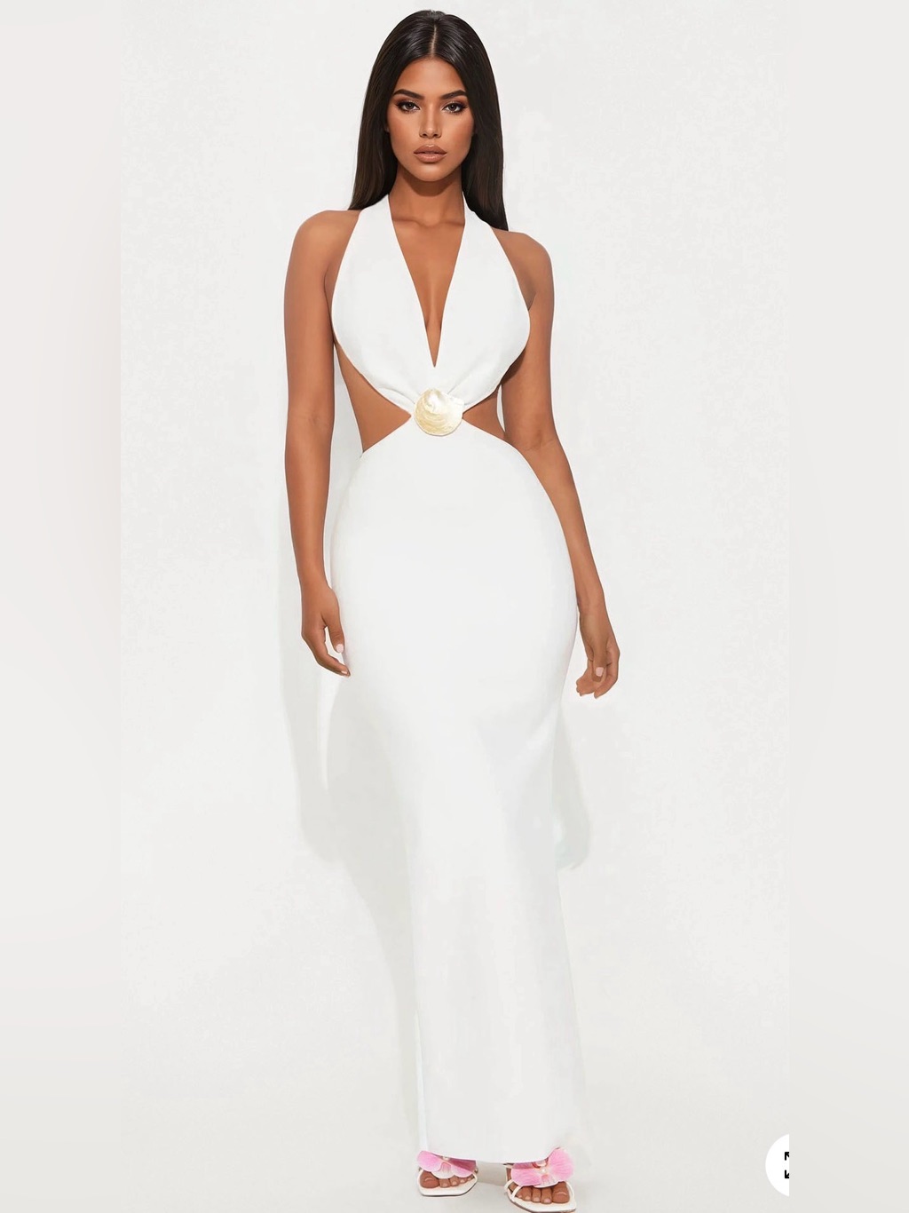 Elegant White Halter Cutout Maxi Dress With Gold Accent